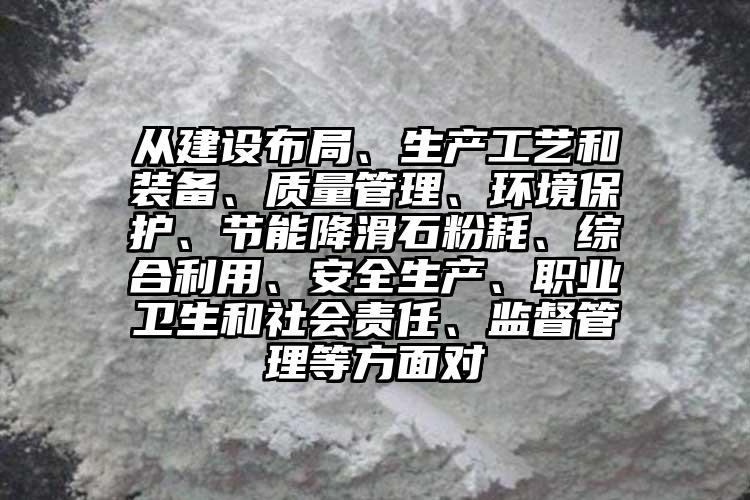 從建設(shè)布局、生產(chǎn)工藝和裝備、質(zhì)量管理、環(huán)境保護(hù)、節(jié)能降滑石粉耗、綜合利用、安全生產(chǎn)、職業(yè)衛(wèi)生和社會責(zé)任、監(jiān)督管理等方面對